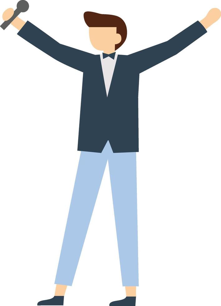 Male singer in a stylish suit, holding a microphone and performing live on stage with arms raised, capturing the energy and excitement of the moment in a simple flat design illustration vector
