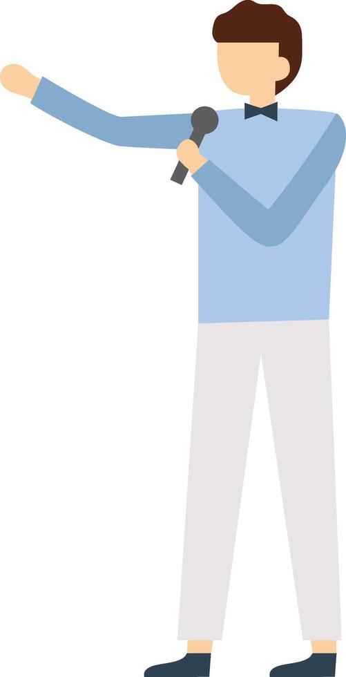 Male master of ceremonies wearing a bow tie elegantly holding a microphone and gesturing with his hand while speaking during a formal event, radiating confidence and professionalism vector