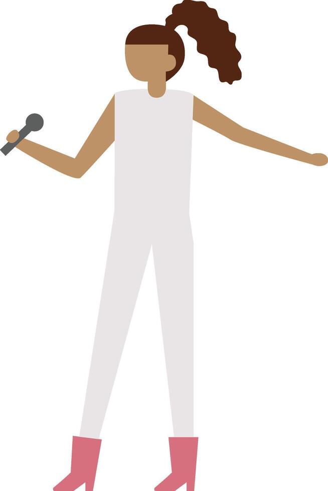 Young woman with ponytail holding microphone and singing, wearing white outfit and pink boots, full body view, flat illustration isolated on white background vector