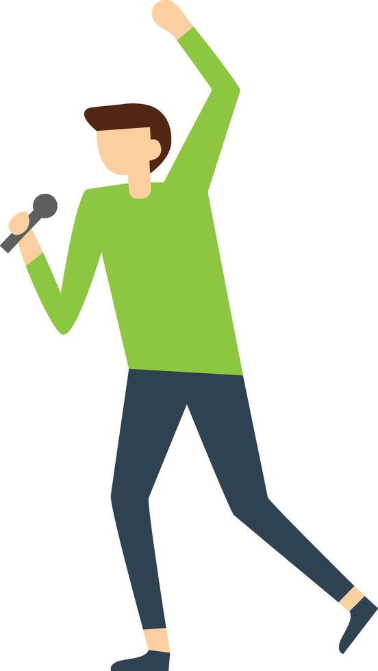 Young male singer performing live on stage, holding a microphone and raising an arm in excitement, captured in a full body illustration against a clean white background vector