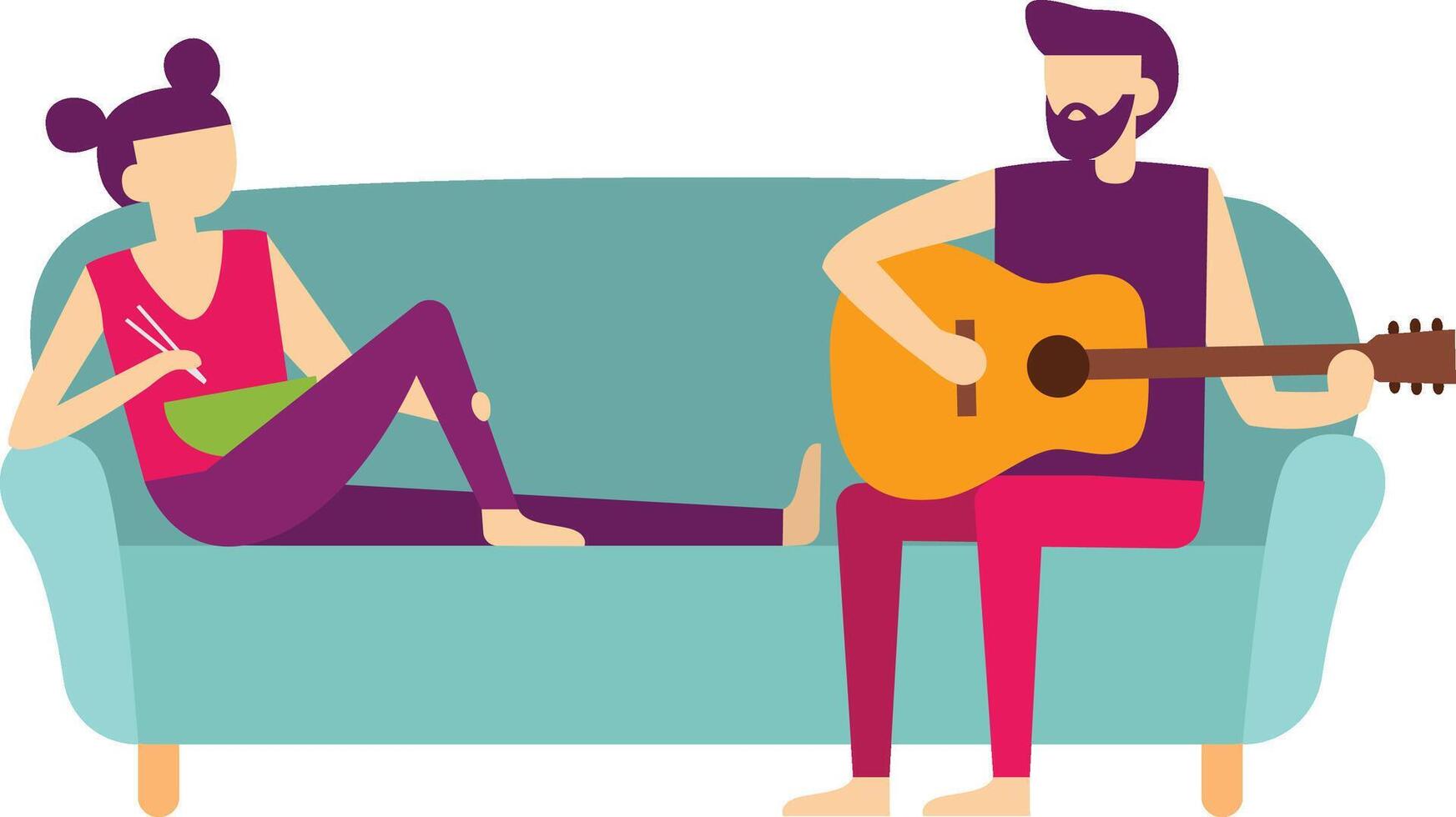 Young couple relaxing at home on the sofa, the bearded man is playing an acoustic guitar and the woman is eating a bowl of noodles with chopsticks vector