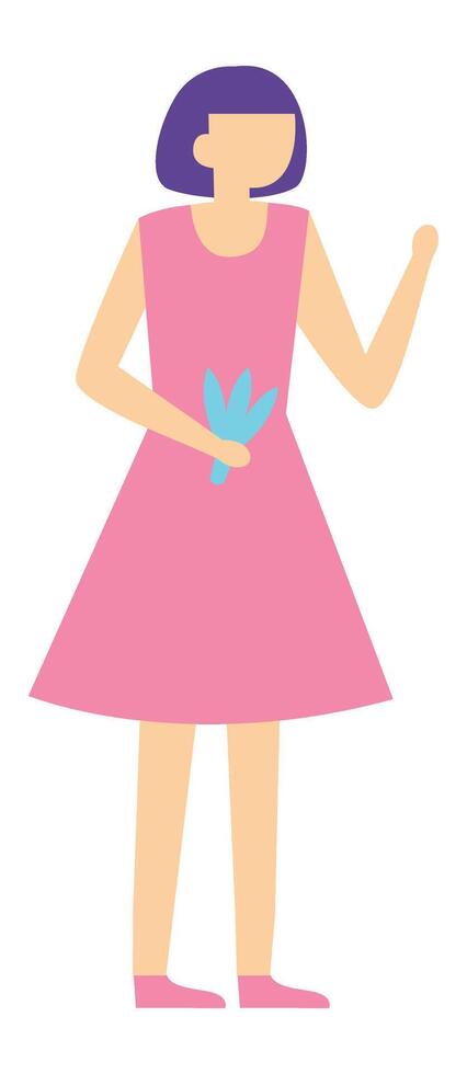 Full length view of a young woman wearing a pink dress, holding a stylized plant in one hand and making a gesture with the other, possibly explaining or presenting something vector
