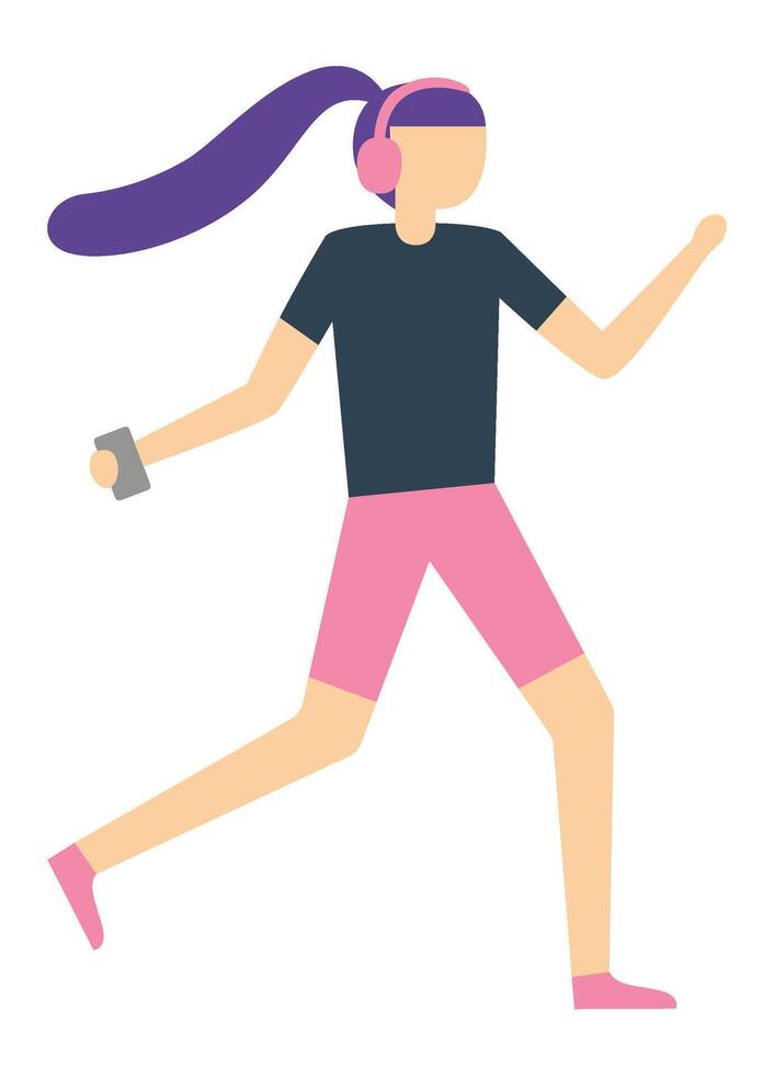 Sporty girl jogging while enjoying music through headphones and holding a smartphone, embodying a vibrant and active lifestyle focused on fitness and wellness vector