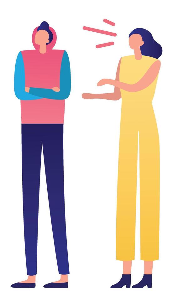 Colleagues experiencing a disagreement, with a woman expressing frustration to a man, highlighting communication problems and misunderstandings in a workplace setting vector