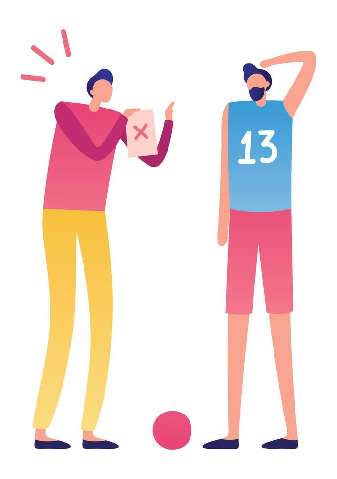 Referee holding a red card and pointing decisively off the field, dismissing a player for committing a foul and enforcing the rules of fair play during an intense soccer match vector