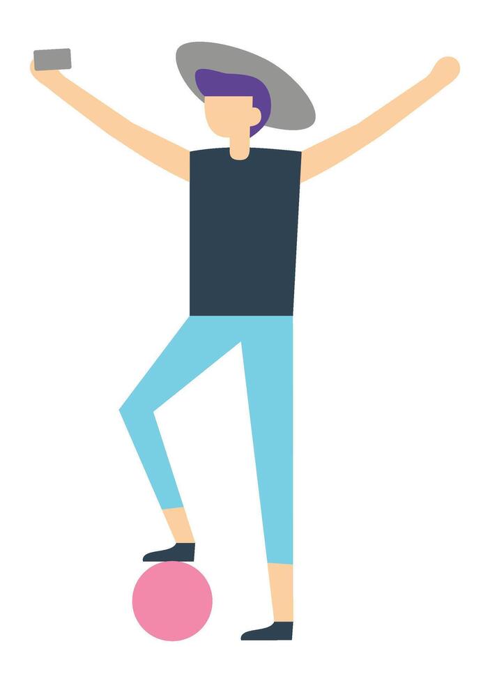 Young tourist wearing stylish summer clothes and a trendy hat, joyfully taking a selfie while balancing on a vibrant pink ball, radiating freedom and excitement during vacation vector