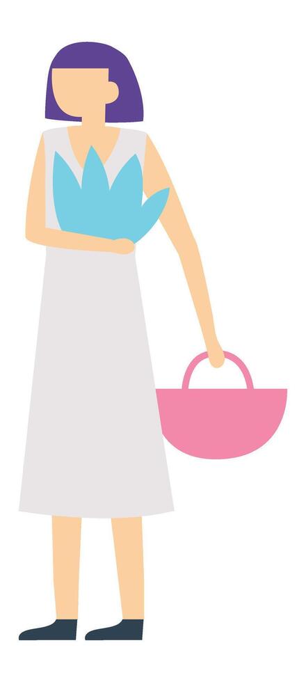 Young woman with purple hair holding a light blue plant and carrying a pink bag going shopping, isolated illustration on white background vector