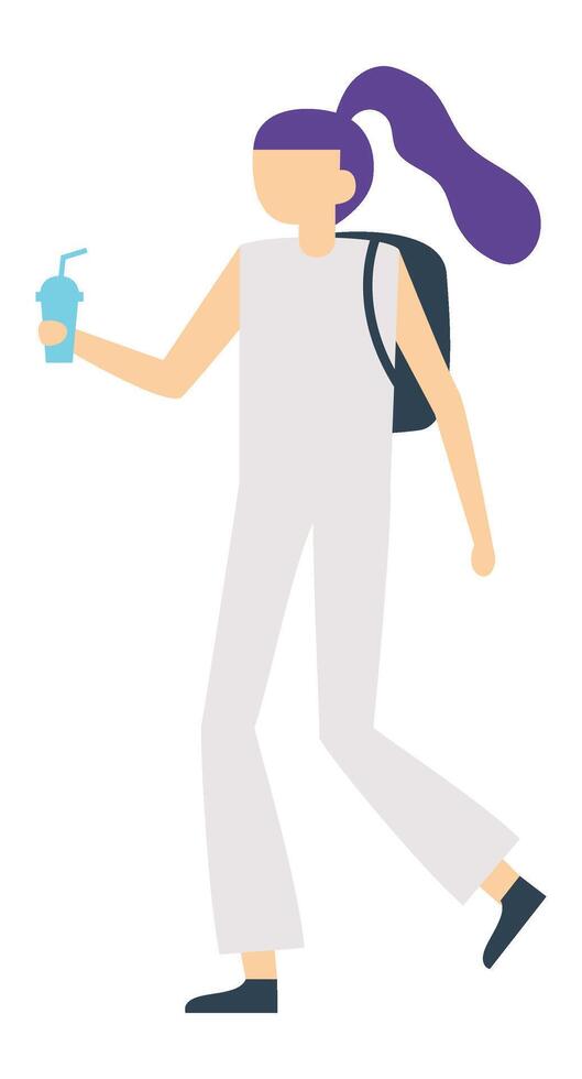 Young student with vibrant purple hair, carrying a backpack and sipping a refreshing soda, walking happily across campus, enjoying a break between classes and embracing student life vector
