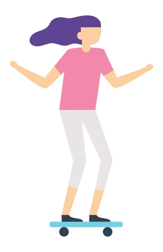 Minimalist illustration of a female skater balancing on a skateboard with arms outstretched, enjoying the ride with purple hair flowing in the wind vector