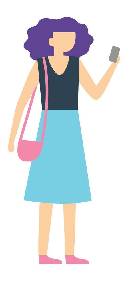 Full length illustration of a young woman with purple hair holding a smartphone in one hand and a pink bag over her shoulder, suggesting a casual and connected lifestyle vector