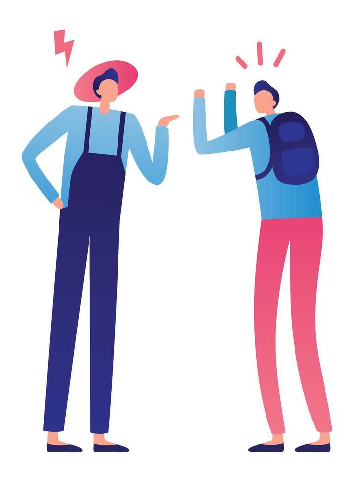 Farmer and student arguing, with the farmer complaining and the student raising hands in disagreement, highlighting the generation gap and communication problems vector