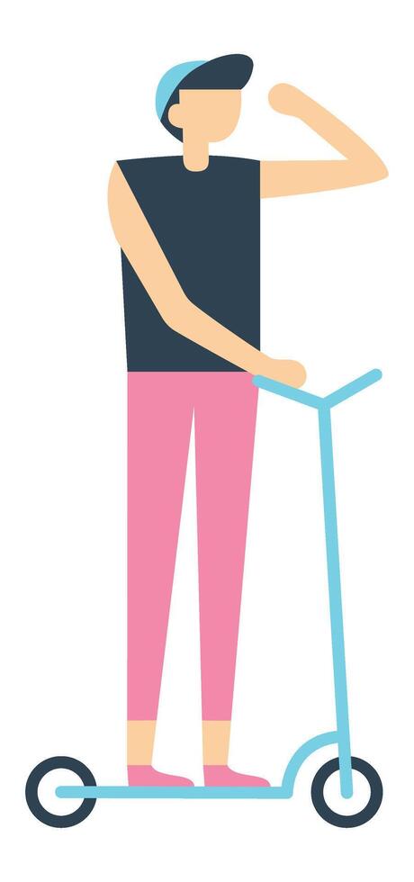 Young man wearing a cap rides a kick scooter, gripping the handlebar with one hand while shielding his eyes from the sun with the other, gazing off into the distance vector
