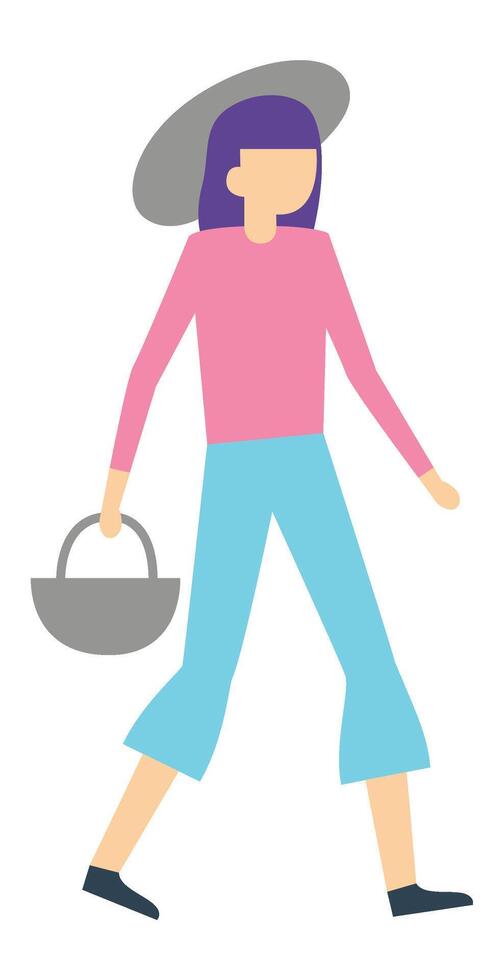 Young woman wearing a stylish summer hat and casual clothing is walking while carrying a basket, set against a clean white background, embodying a trendy urban lifestyle vector