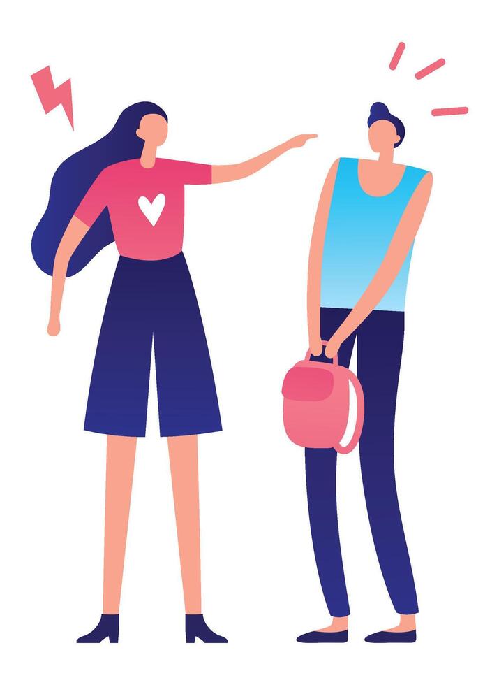Young woman scolding a student holding a backpack, concept of conflict, quarrel, disagreement, stress, misunderstanding, problems and communication issues vector