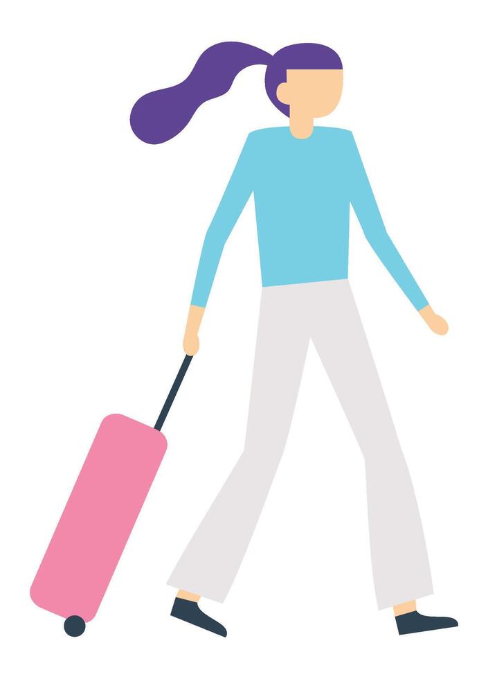 Young woman tourist walking and pulling rolling suitcase, travel and vacation concept, simple flat illustration isolated on white background vector