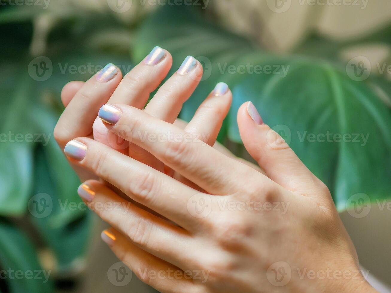 Female Hands With Light Purple Chrome Ombre Nails Manicure. Woman Fingernails With Pink And Blue Gradient Aura Nails On Green Lush Background. Aesthetic Visual Of Trendy Manicure With Nail Art. photo