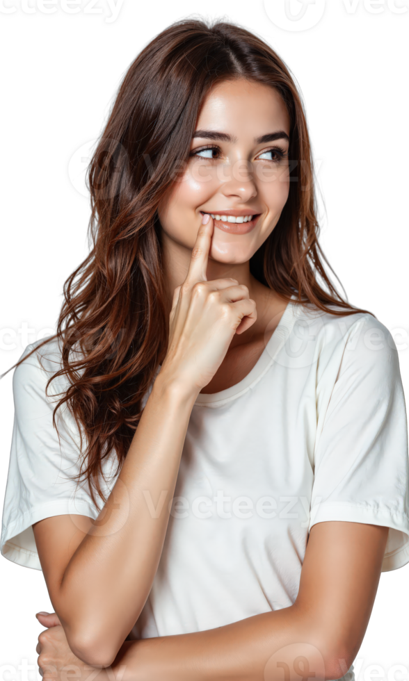 Woman Thinking Handchin. A young Caucasian woman with long brown hair, wearing a white t-shirt, looks thoughtfully off png