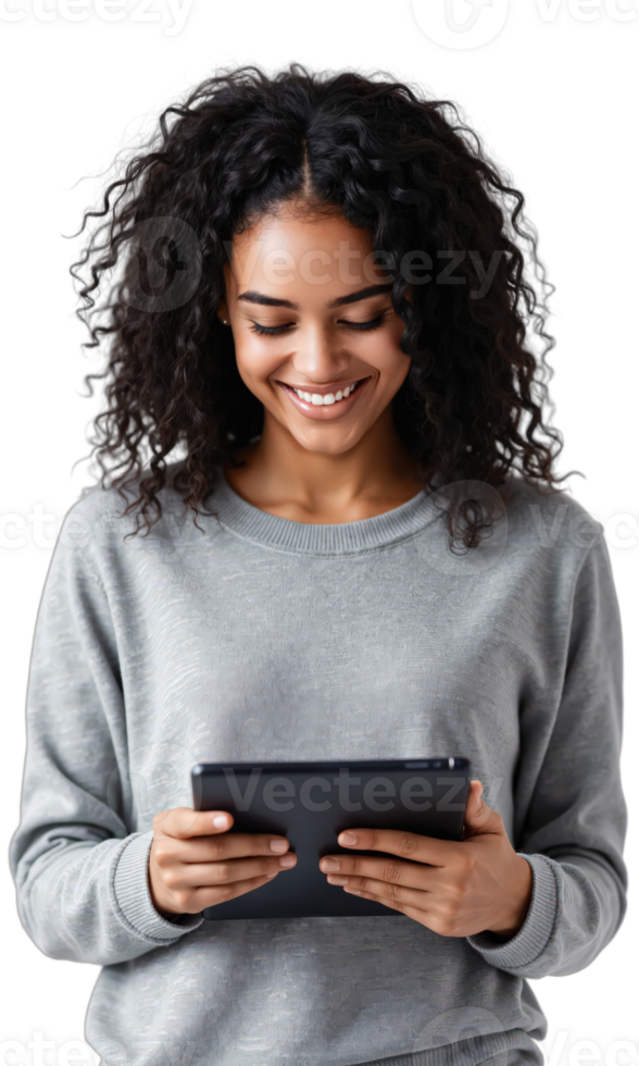 Professional Woman Using Tablet Isolated A medium shot captures a smiling woman with curly dark hair, wearing a grey sweater png