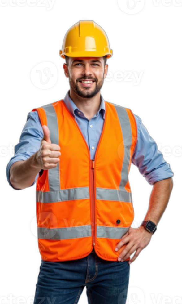 Construction Worker Thumbs Up Male construction worker in safety vest and helmet giving thumbs up with cheerful face, professional pose png