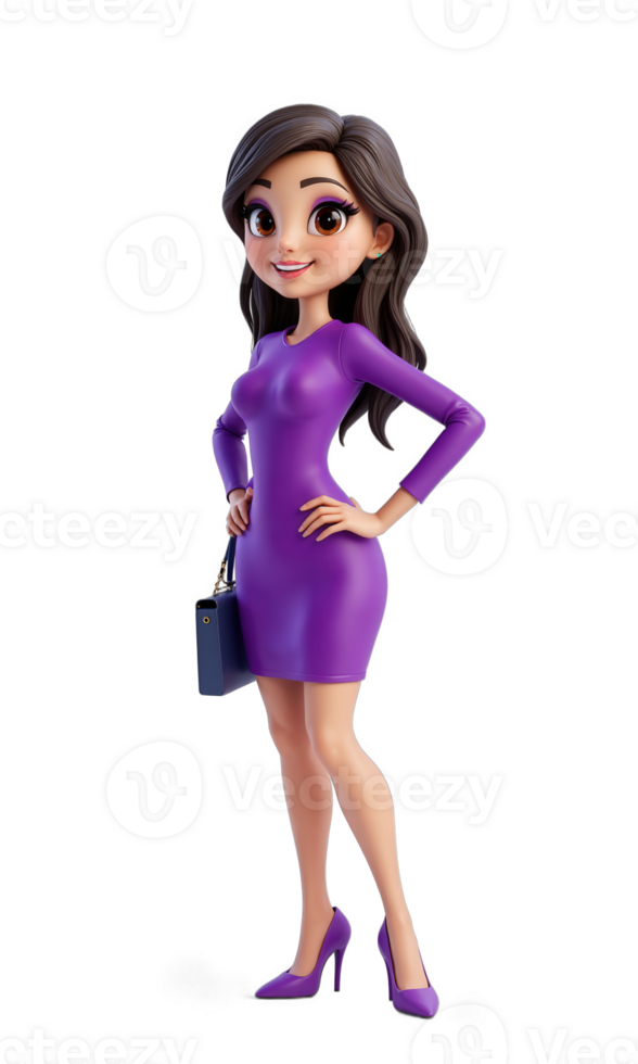 A resilient female leader in a striking violet dress, surrounded by abstract data streams and business symbols, signifying her determination png