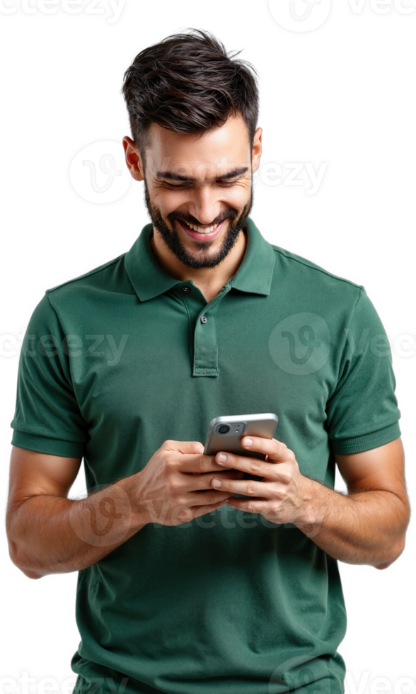 Man Texting Phone. A smiling Caucasian man with short dark hair and a beard, wearing a green polo shirt, looks png