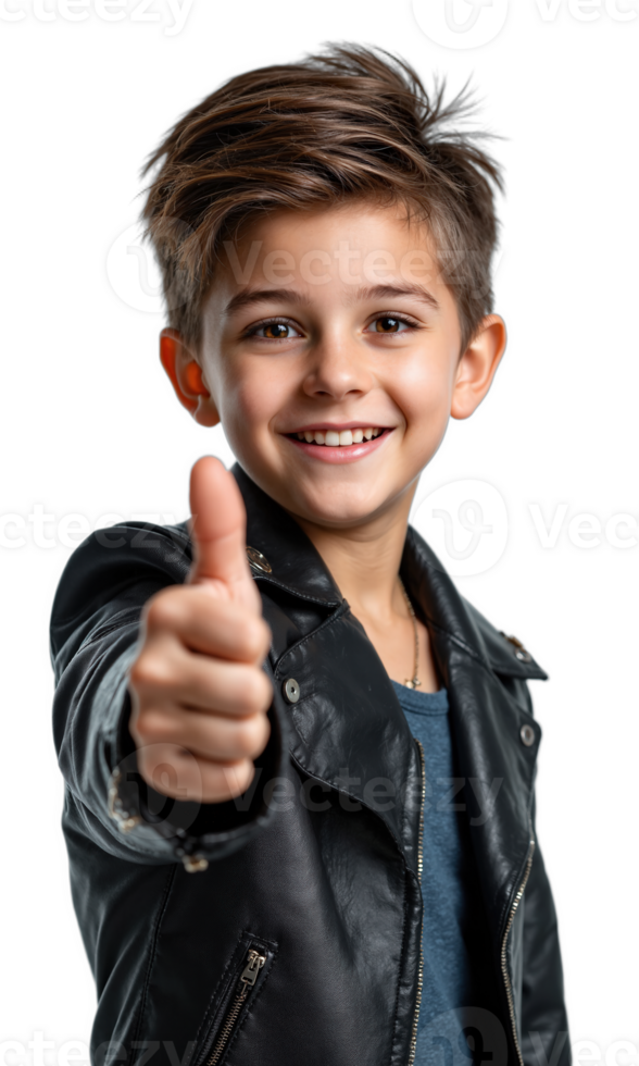 fashionable student portrait - A three-quarter shot of a teenage boy in a black leather jacket giving a thumbs-up png