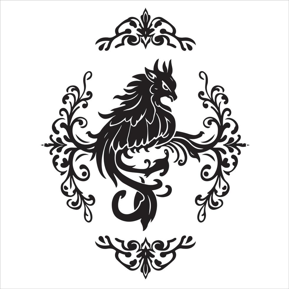 A black and white illustration of a dragon vector