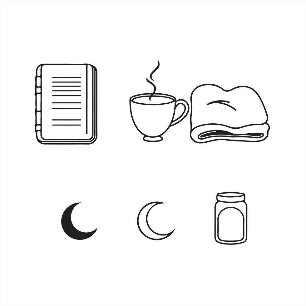 A set of icons that include a cup of coffee, a book, a clock and a moon vector