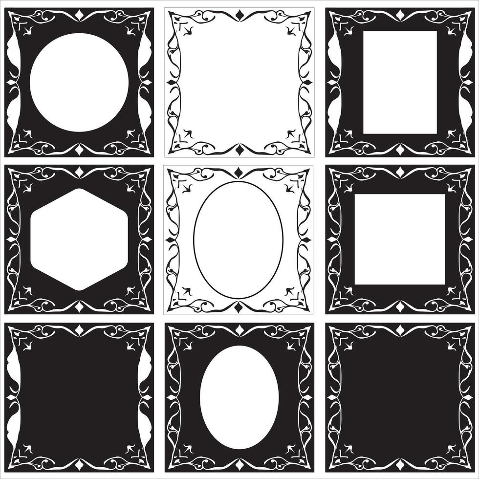 Set of black and white frames with ornamental design vector