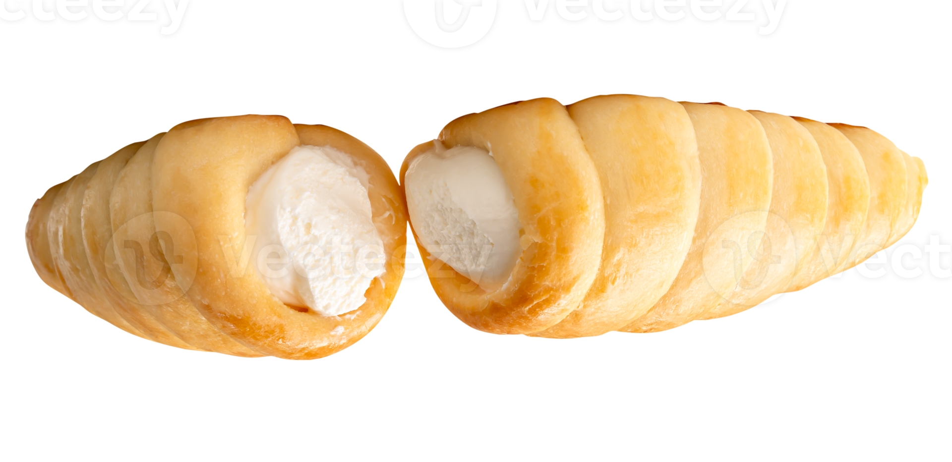 Two puff pastry cream horns isolated with clipping path in file format png