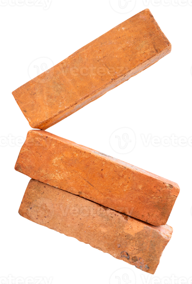 Cracked old red or orange bricks in three pieces isolated with clipping path in file format png