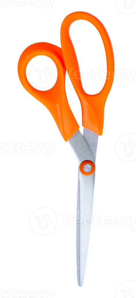 A pair of multipurpose scissors with orange handle in vertical isolated with clipping path in file format png