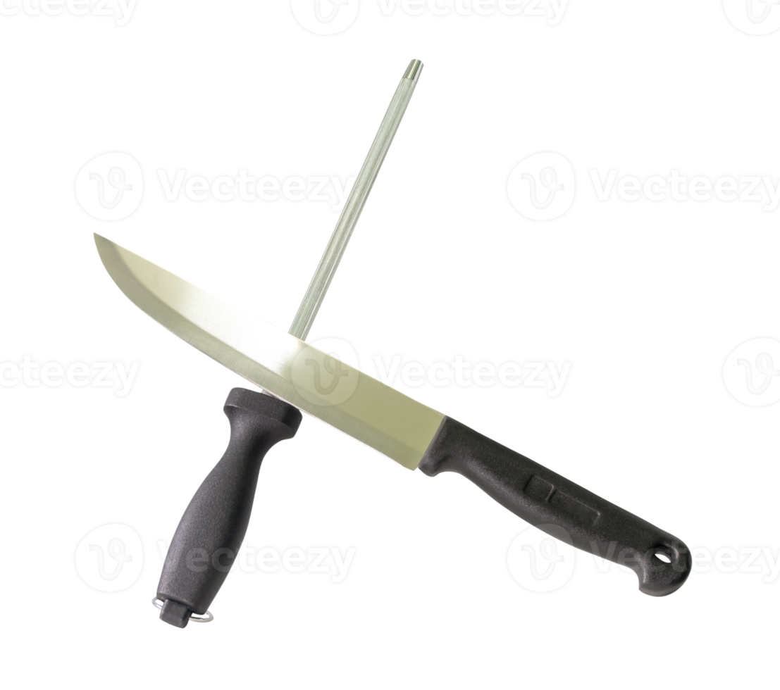 Single silver kitchen knife and one sharpening steel or honing steel with black handles isolated with clipping path in file format png