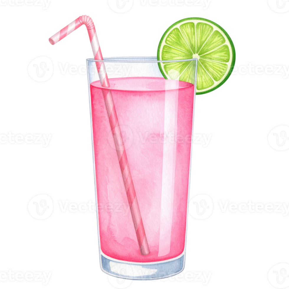 Watercolor pink drink with lime and straw, isolated on transparent background. Summer, refreshment, and cocktail. png
