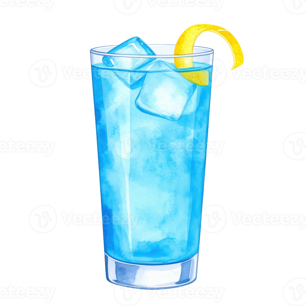 A vibrant blue cocktail with ice cubes and a lemon twist garnish in a tall glass, perfect for summer drinks, parties, or refreshing beverage concepts. png