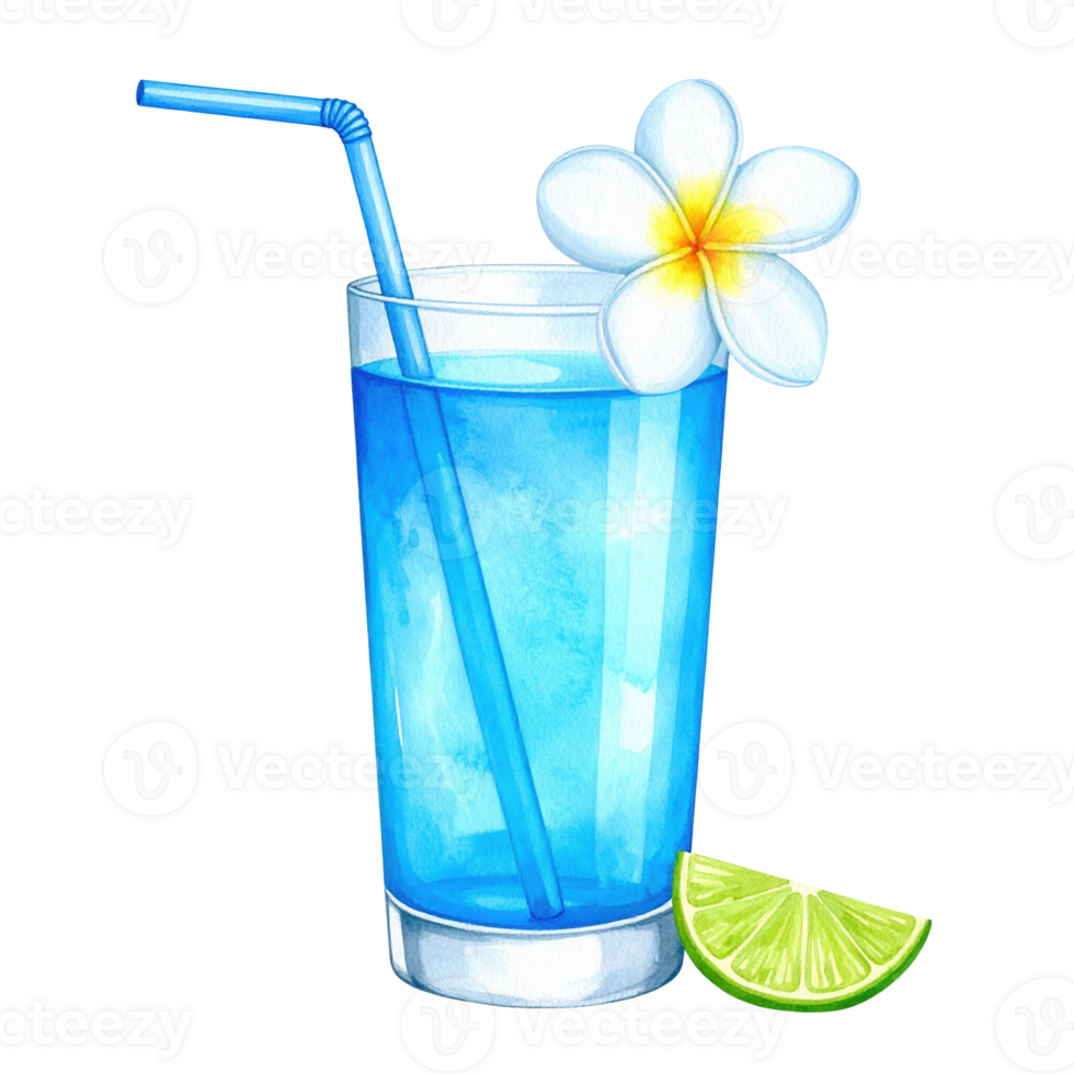 Vibrant watercolor illustration of a blue cocktail in a glass, garnished with a plumeria flower and a fresh lime slice. Perfect for summer, tropical themes, or drink menus. png