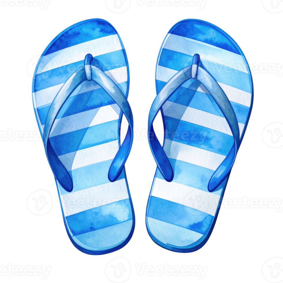 Watercolor illustration of blue striped flip flops, isolated on transparent background, summer, vacation and beach concepts. png