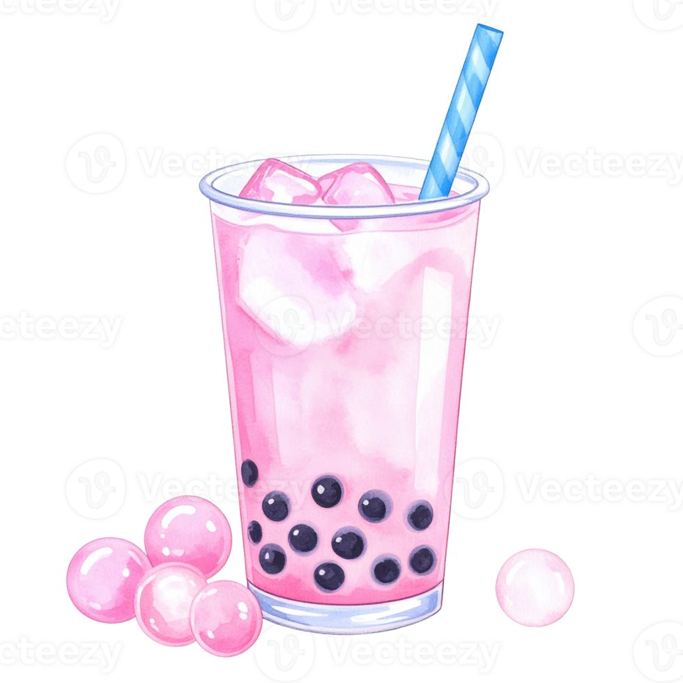 Vibrant watercolor illustration of a refreshing pink bubble tea with dark tapioca pearls, ice, and a blue straw, perfect for menus or sweet drink designs. png