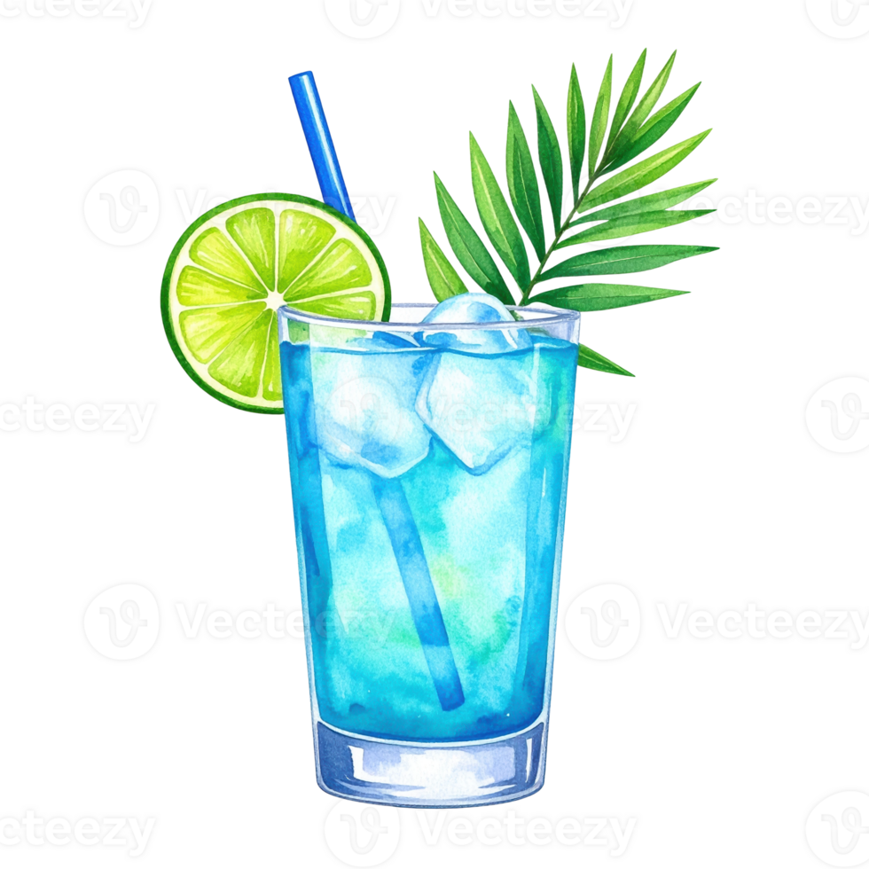 Vibrant watercolor illustration of a refreshing blue cocktail with ice, a lime slice, a straw, and a tropical palm leaf, perfect for summer designs. png