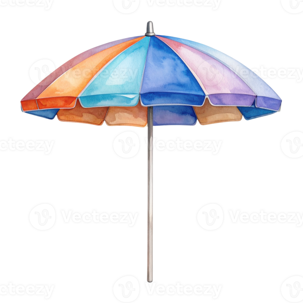 Watercolor beach umbrella, isolated on transparent background, with colorful panels. Summer, vacation, protection. png