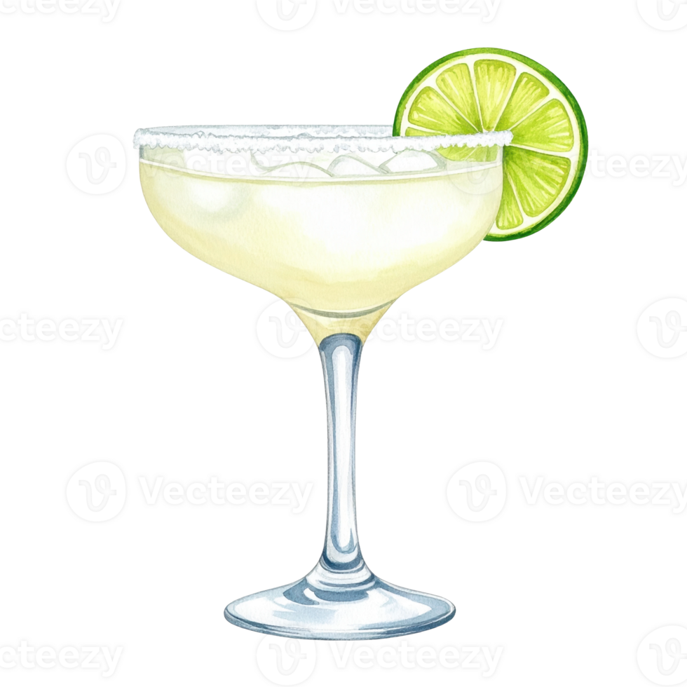 Vibrant illustration of a refreshing margarita cocktail, complete with a salted rim and a fresh lime slice. Perfect for menus, recipes, or summer drink promotions. png