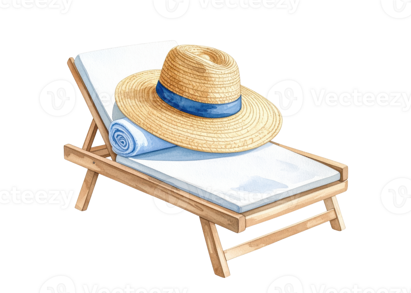 A watercolor painting depicts a wooden lounge chair with a straw hat and a rolled blue towel, perfect for summer relaxation and beach holidays. png