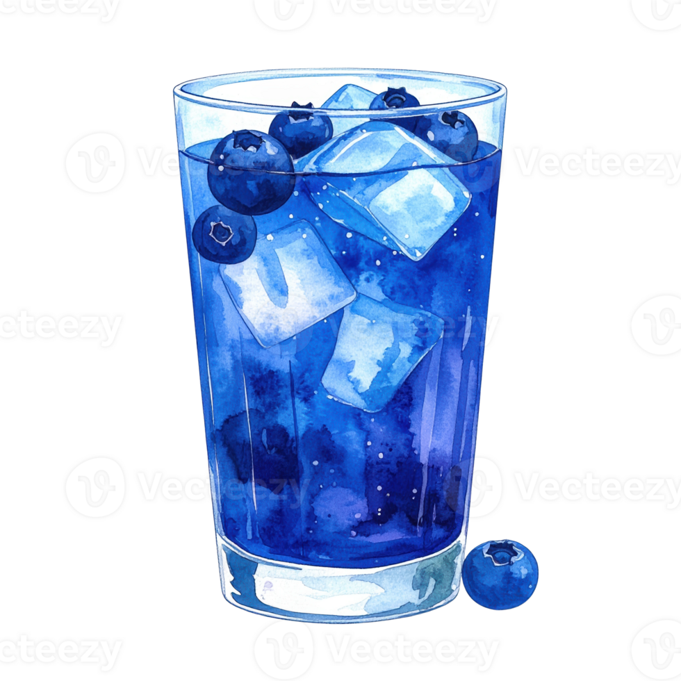 Vibrant watercolor illustration of a cool blueberry beverage with ice cubes and whole blueberries in a tall glass, perfect for summer drinks. png