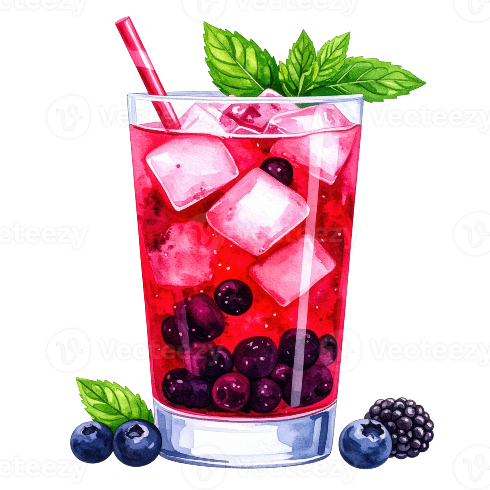 A vibrant watercolor illustration of a refreshing berry drink with ice cubes, blueberries, and mint. Ideal for summer beverages, healthy lifestyle, and party concepts. png