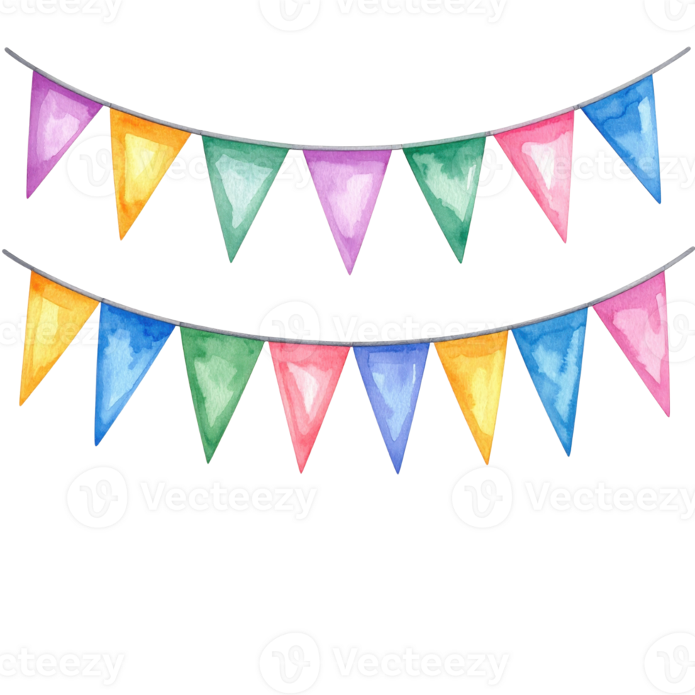 Two watercolor garlands with colorful triangle flags, isolated on transparent background, party decoration, festive, celebration. png