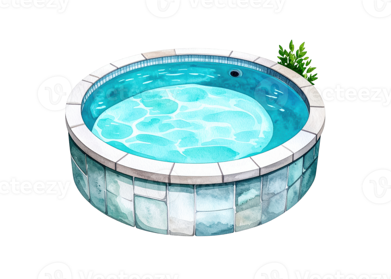 A charming watercolor illustration depicts a round hot tub filled with bubbling blue water, featuring a sleek white tiled edge and stone like exterior. Ideal for leisure and spa concepts. png