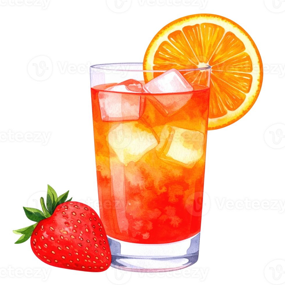 Vibrant watercolor illustration of a refreshing orange and red cocktail with ice, garnished with a fresh orange slice and a ripe strawberry, perfect for summer drinks. png