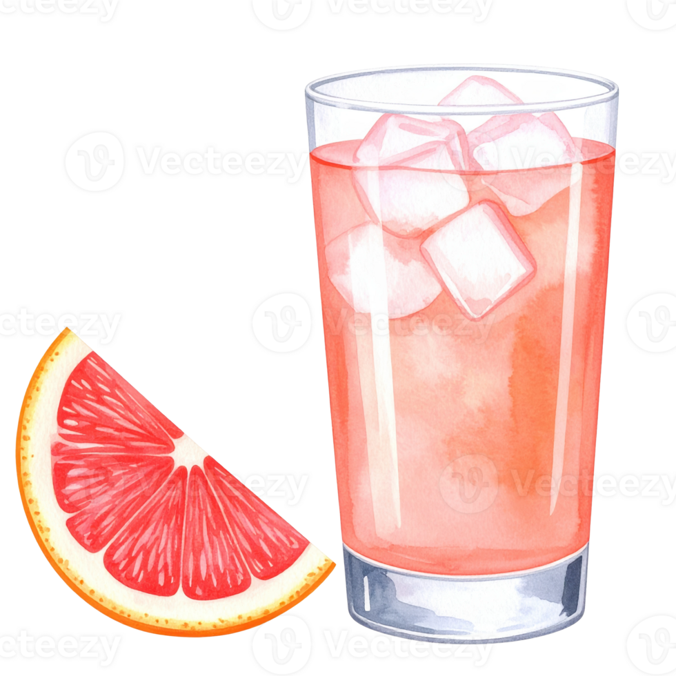A vibrant watercolor illustration featuring a tall glass of pink grapefruit drink with ice cubes, accompanied by a fresh grapefruit slice. Ideal for summer themes. png