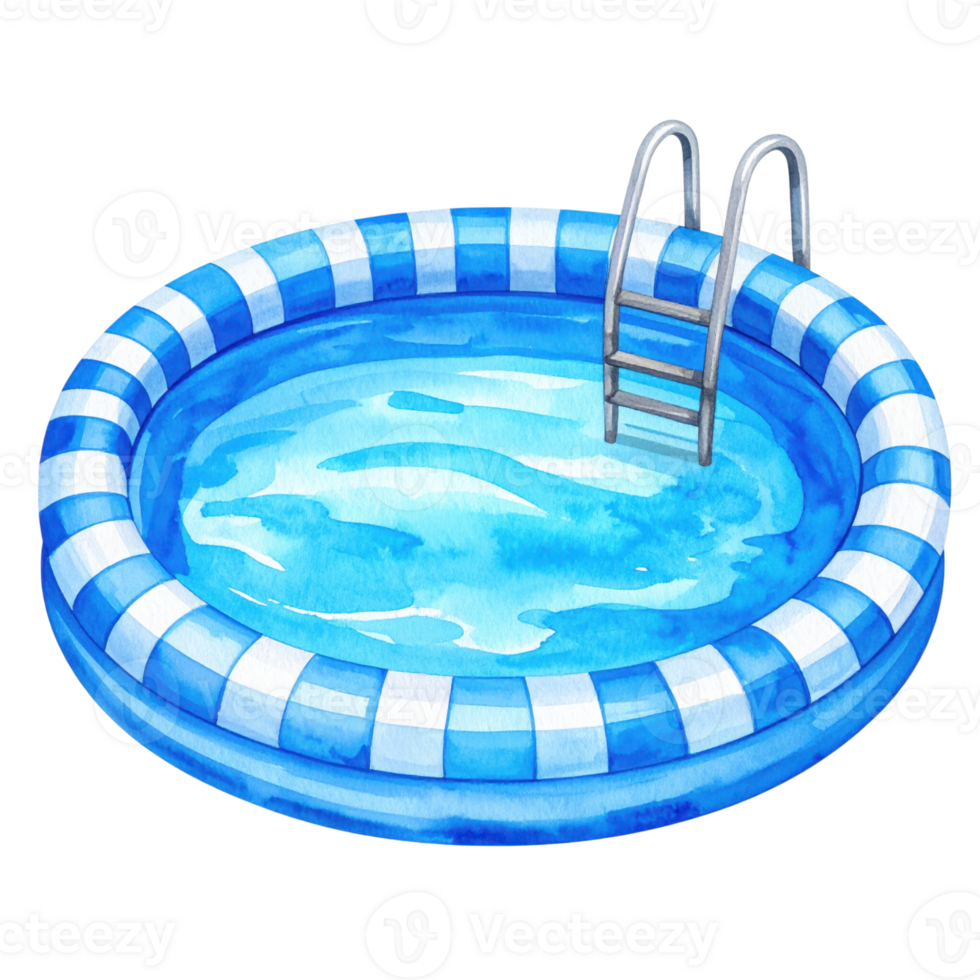 Inflatable swimming pool with ladder, filled with water, isolated on transparent background, summer fun, recreation, relaxation. png