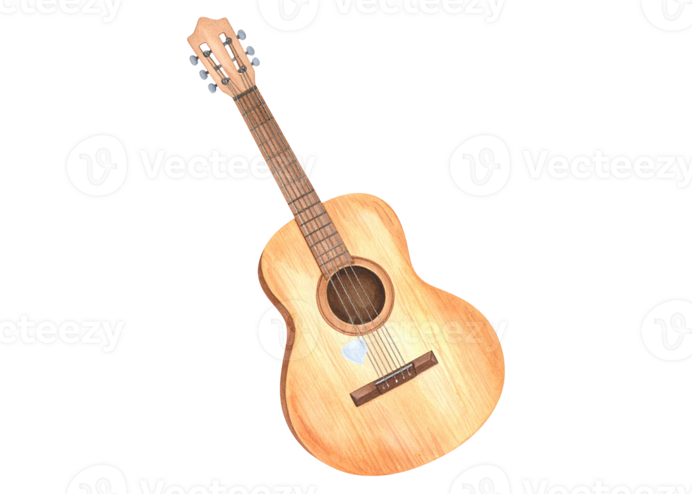 Watercolor illustration of a classic acoustic guitar with a light wooden finish. Ideal for music themed designs, educational materials, or artistic projects. png